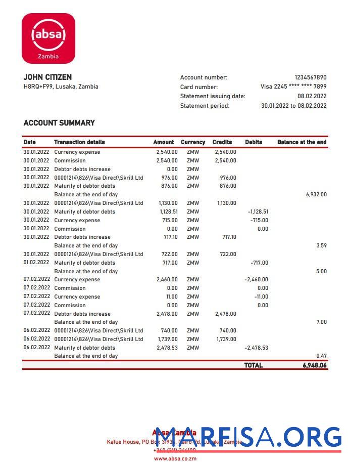 Printable Zambia Absa bank statement excel sample